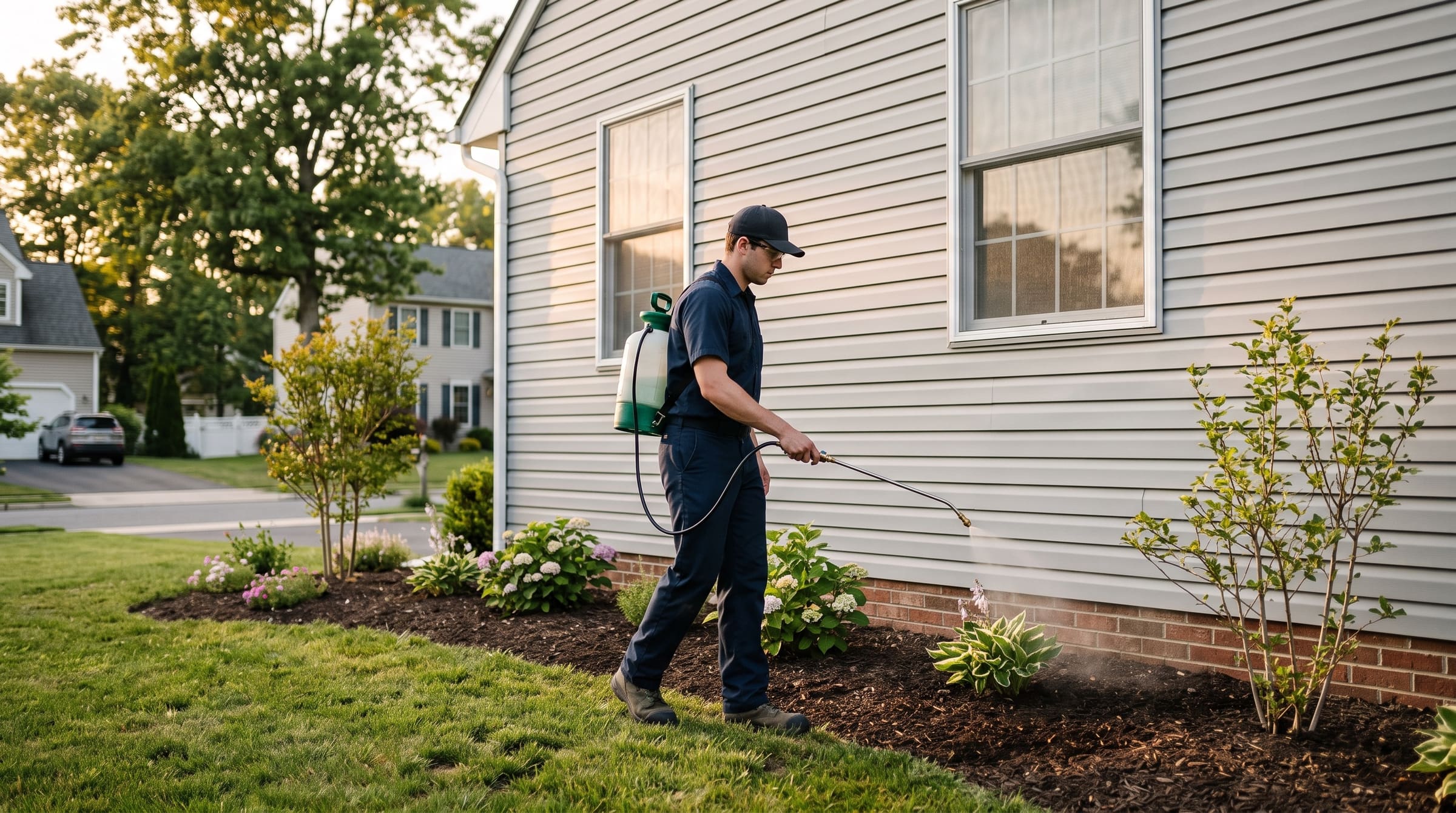 Exterior ant treatment along a foundation